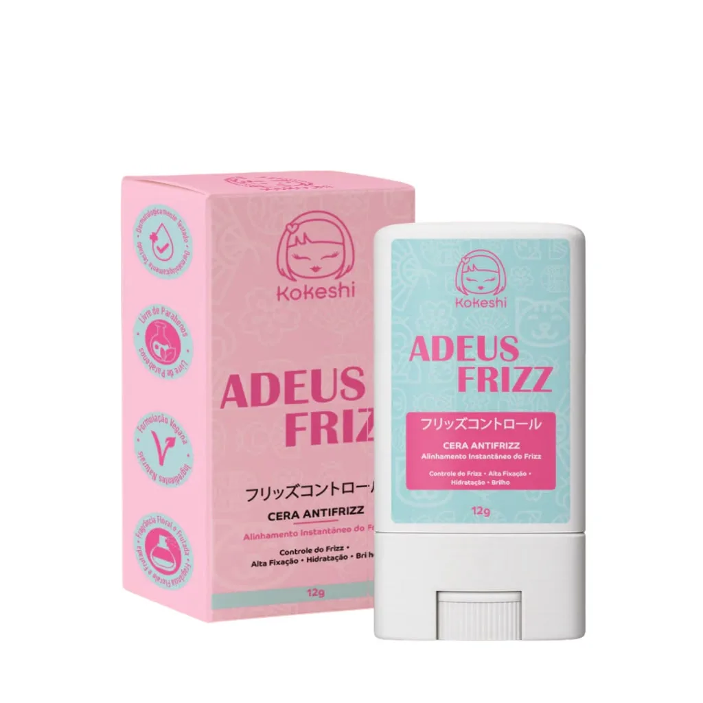 Embalagem da Cera Antifrizz Kokeshi para alinhamento dos fios de cabelo.